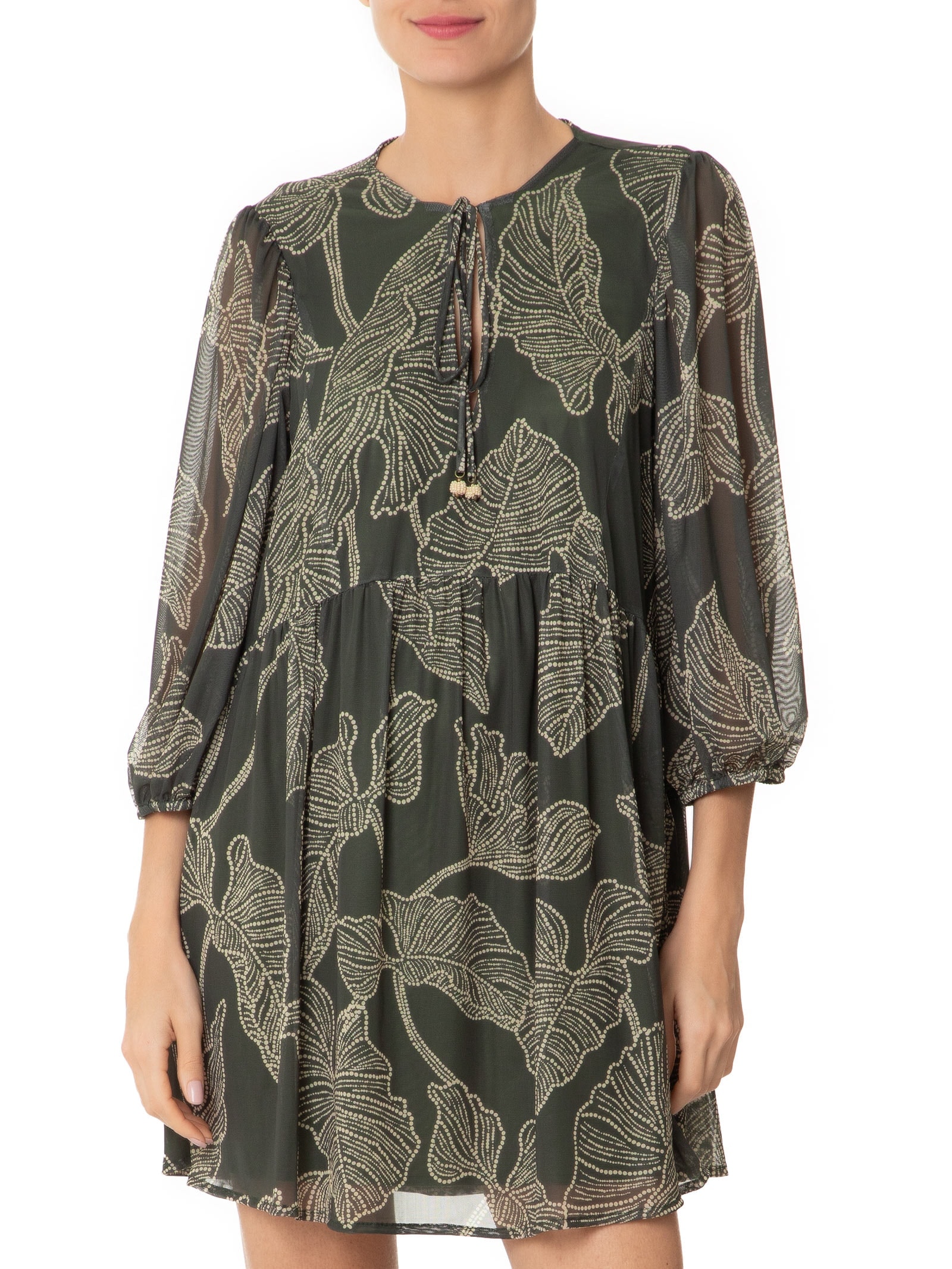 Vestido Curto Tule Estampa Ramos Verde Dress To