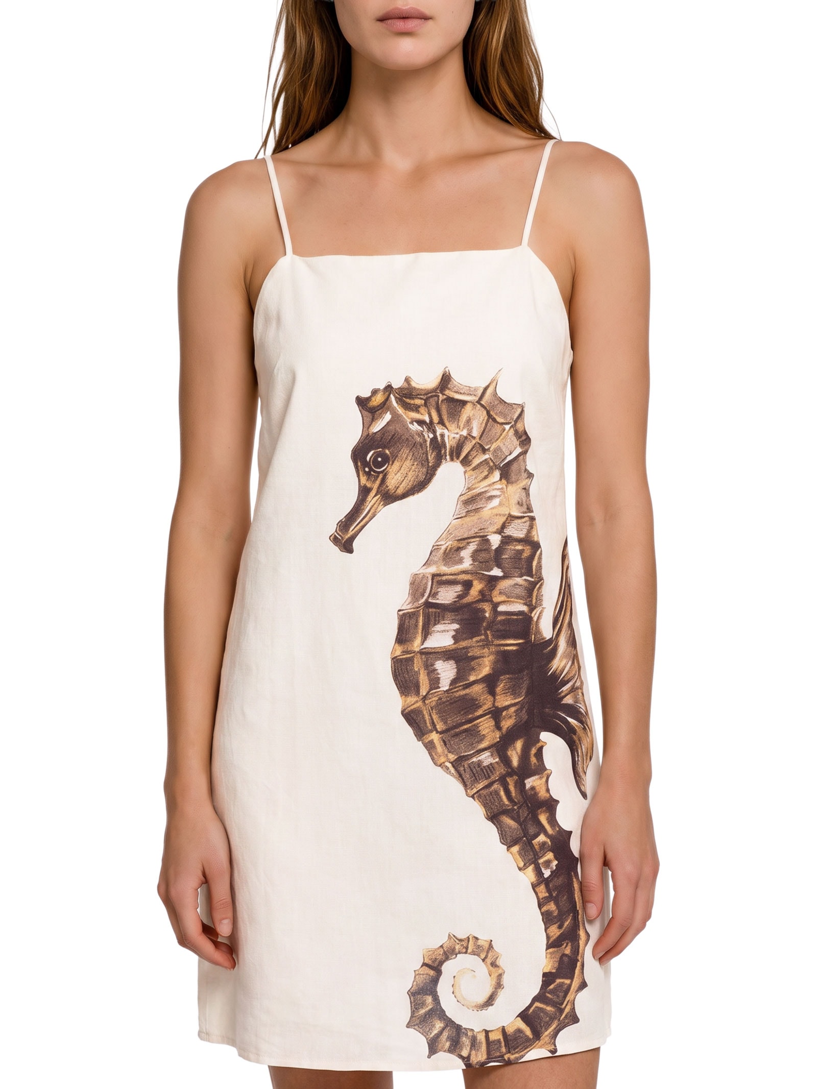 Vestido De Alça Estampado Com Linho – Off White My Favorite