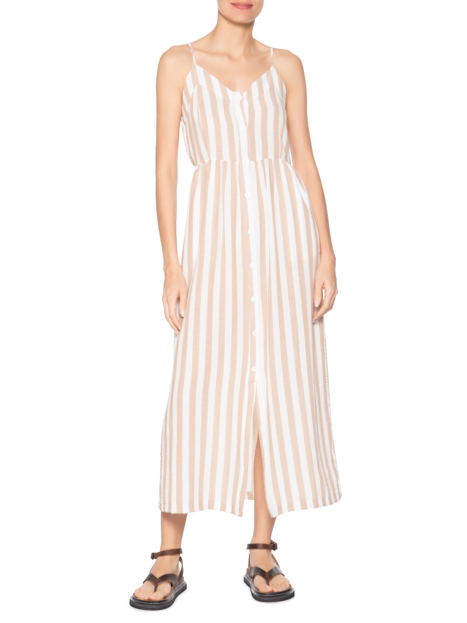 Vestido De Alça Listrado Bege Basiq