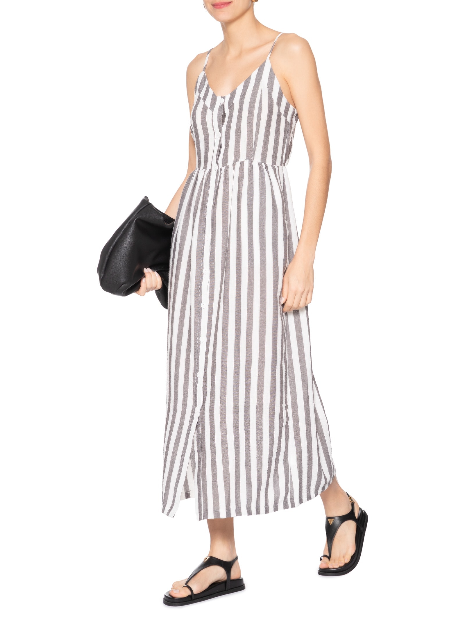 Vestido De Alça Listrado Cinza Basiq