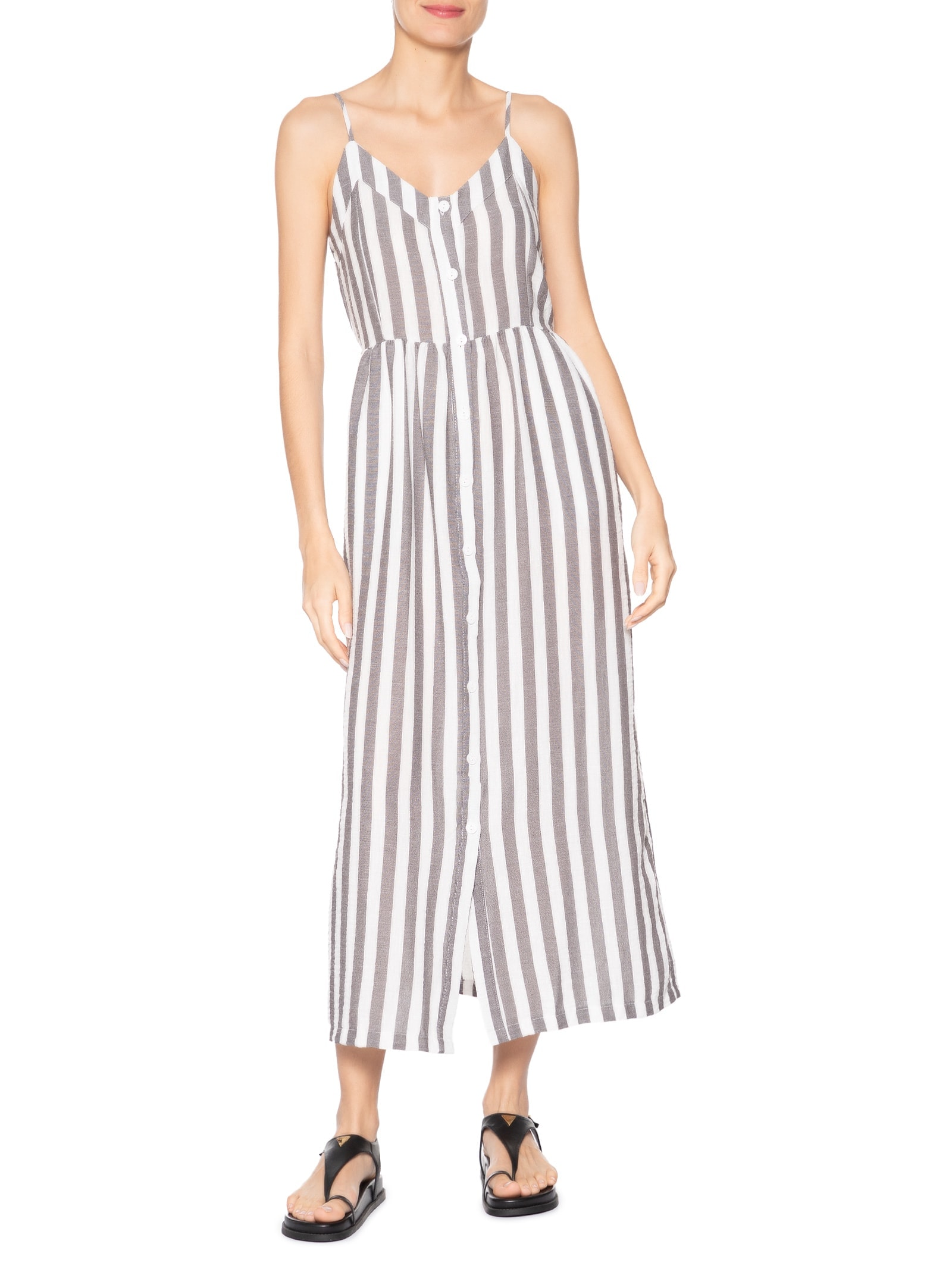 Vestido De Alça Listrado Cinza Basiq