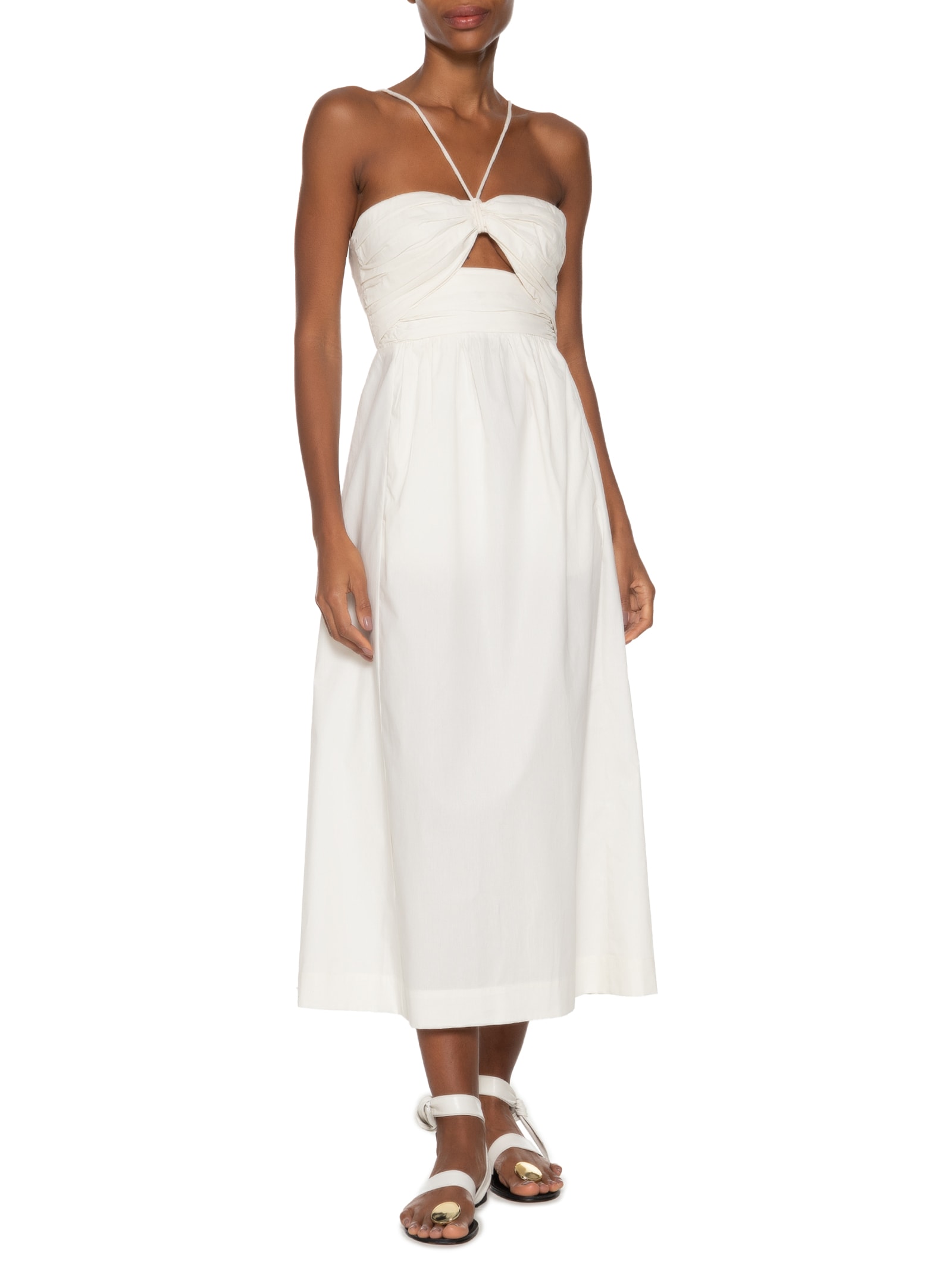 Vestido De Algodão Midi Off Busto Franzido  Branco Animale