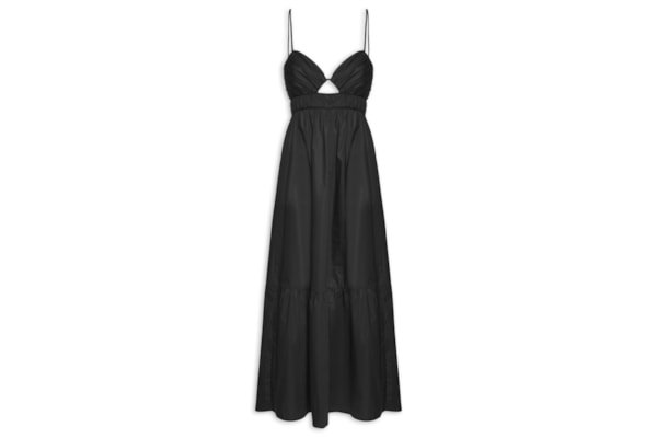 Vestido De Algodão Midi Preto Busto Franzido - Preto