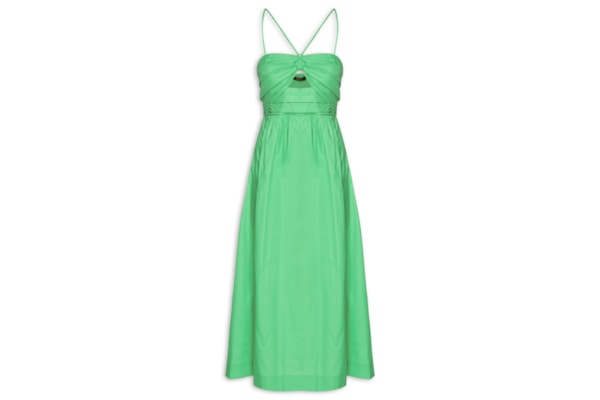 Vestido De Algodão Midi Verde Busto Franzido - Verde