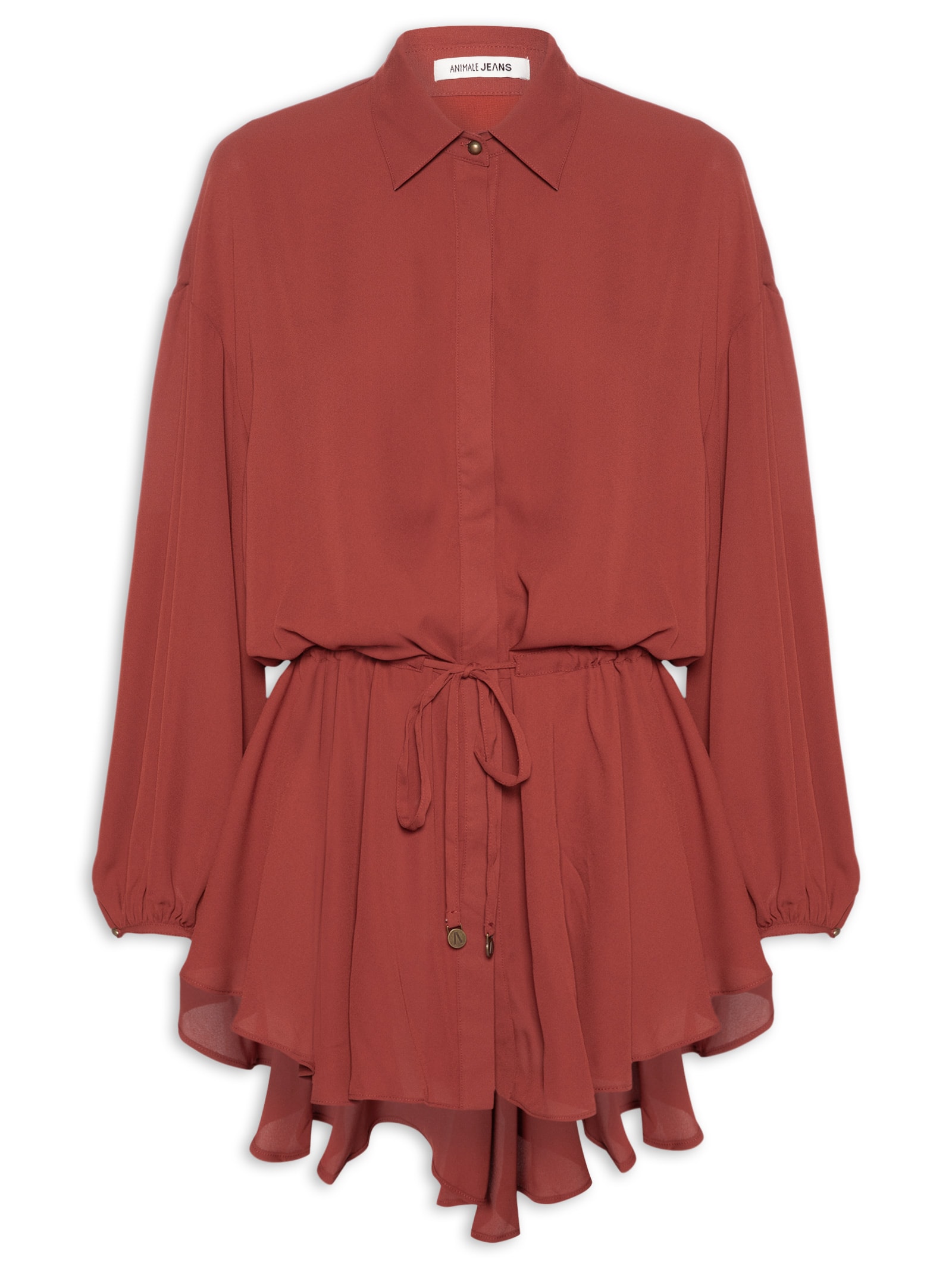 Vestido De Botão Manga Longa GGT Sólido Vermelho Animale Jeans