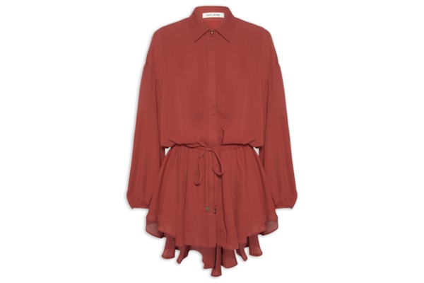 Vestido De Botão Manga Longa GGT Sólido - Vermelho