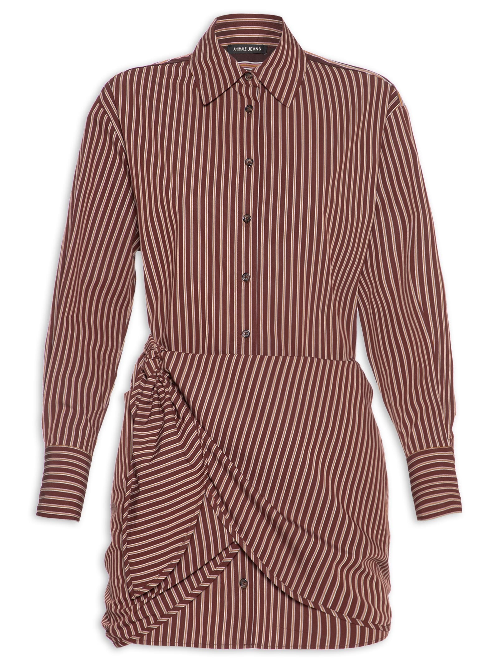 Vestido De Botão Manga Longa Mix De Listras Marrom Animale Jeans