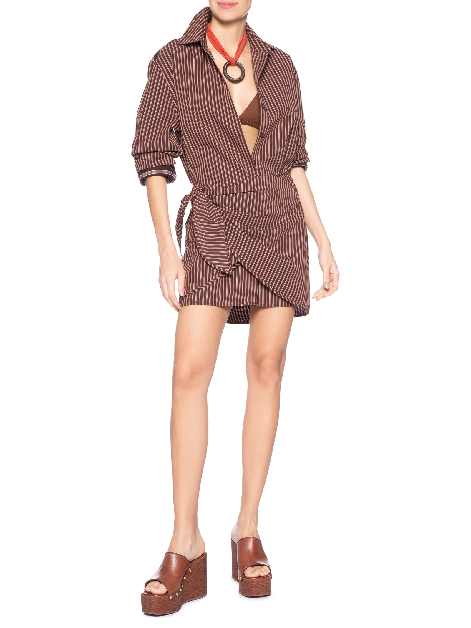 Vestido De Botão Manga Longa Mix De Listras Marrom Animale Jeans