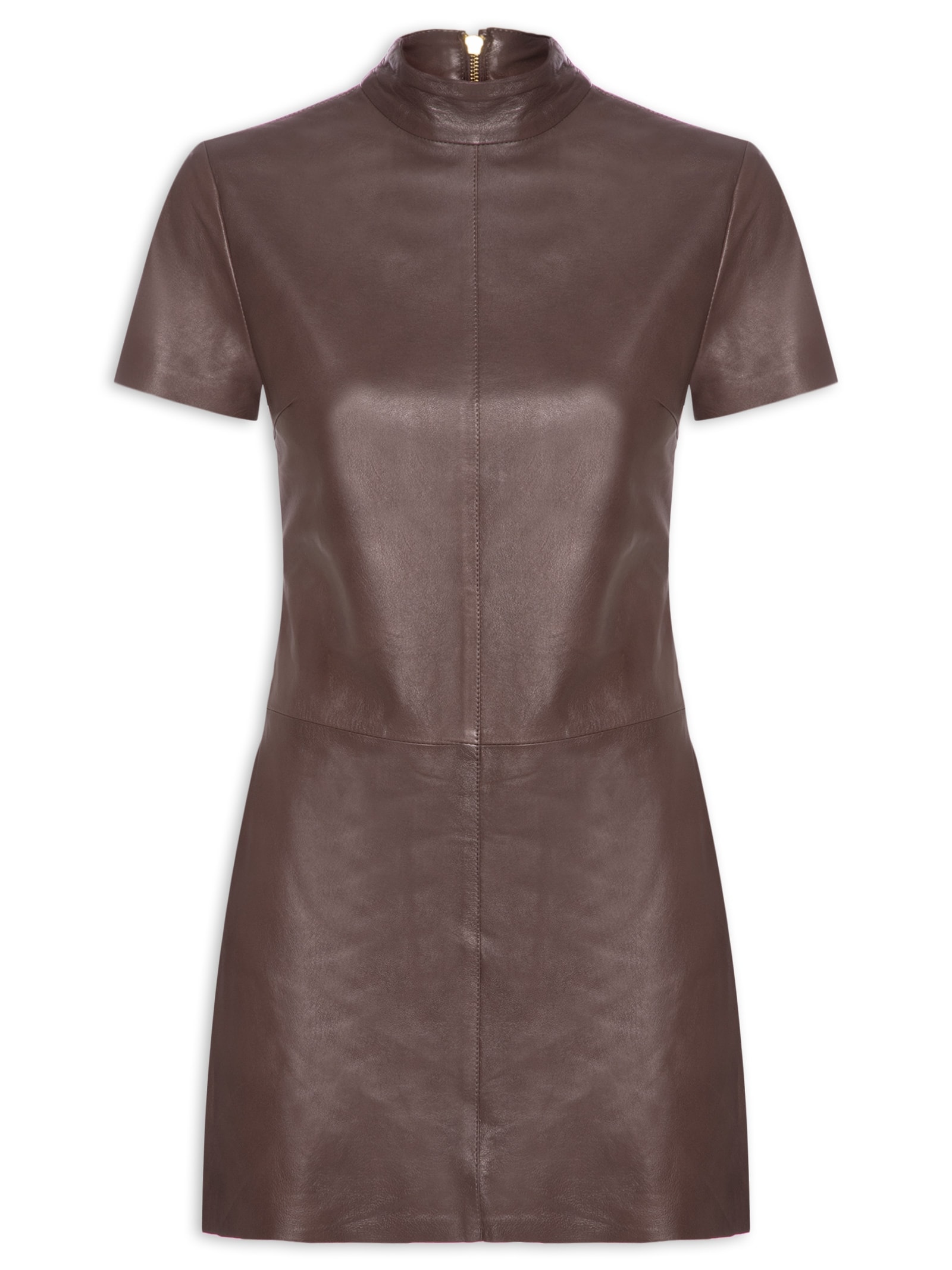 Vestido De Couro Curto Gola Alta Marrom Animale