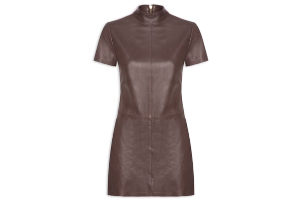 Vestido De Couro Curto Gola Alta - Marrom