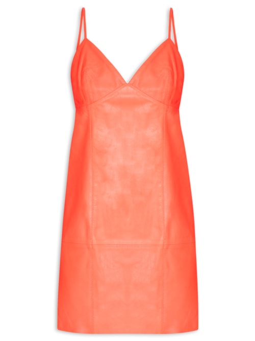 Vestido De Couro Curto Recortes Pesponto – Laranja