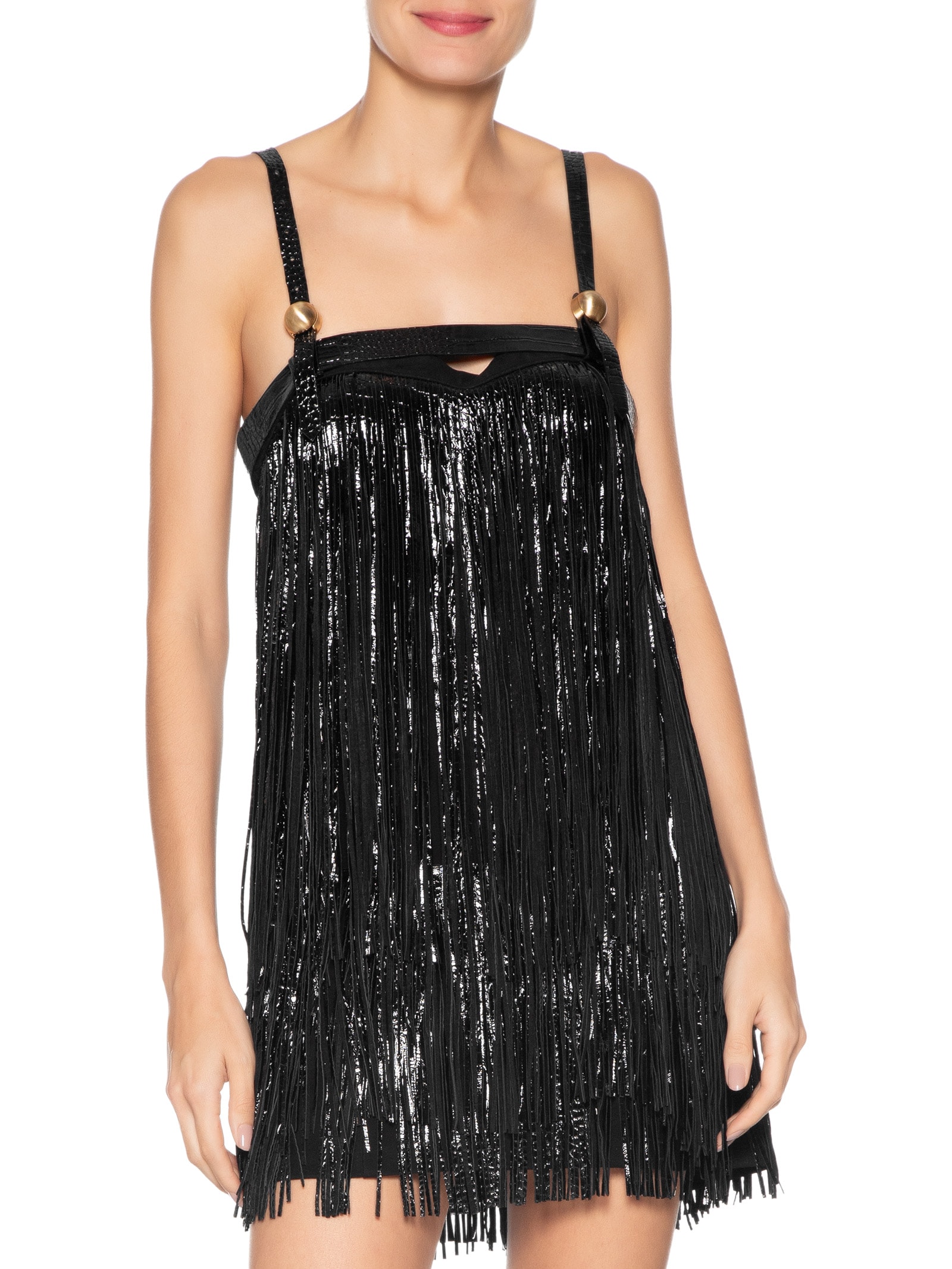 Vestido De Couro e Chamois Com Franjas Preto Animale