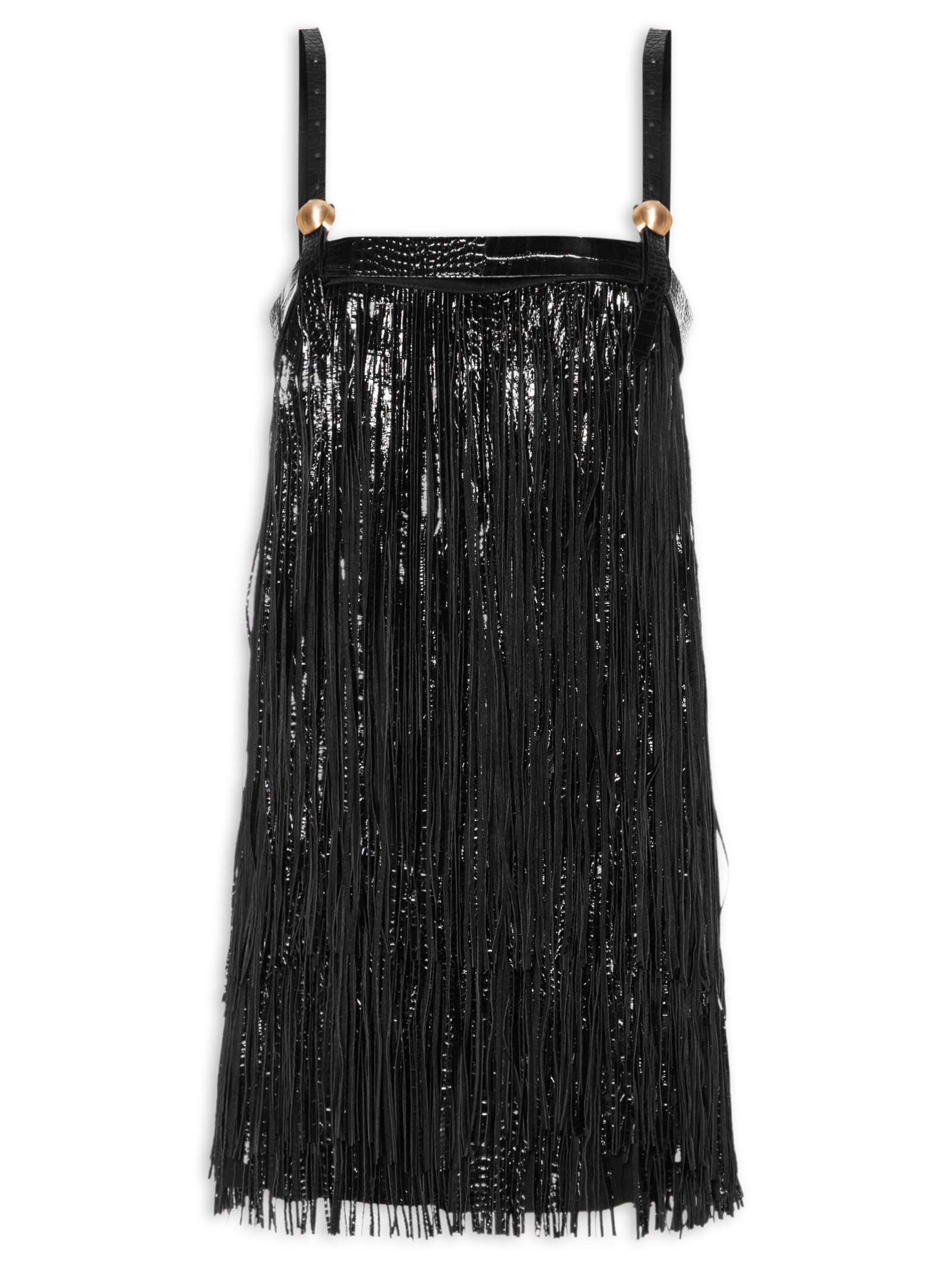 Vestido De Couro e Chamois Com Franjas Preto Animale