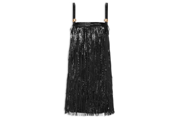 Vestido De Couro e Chamois Com Franjas - Preto
