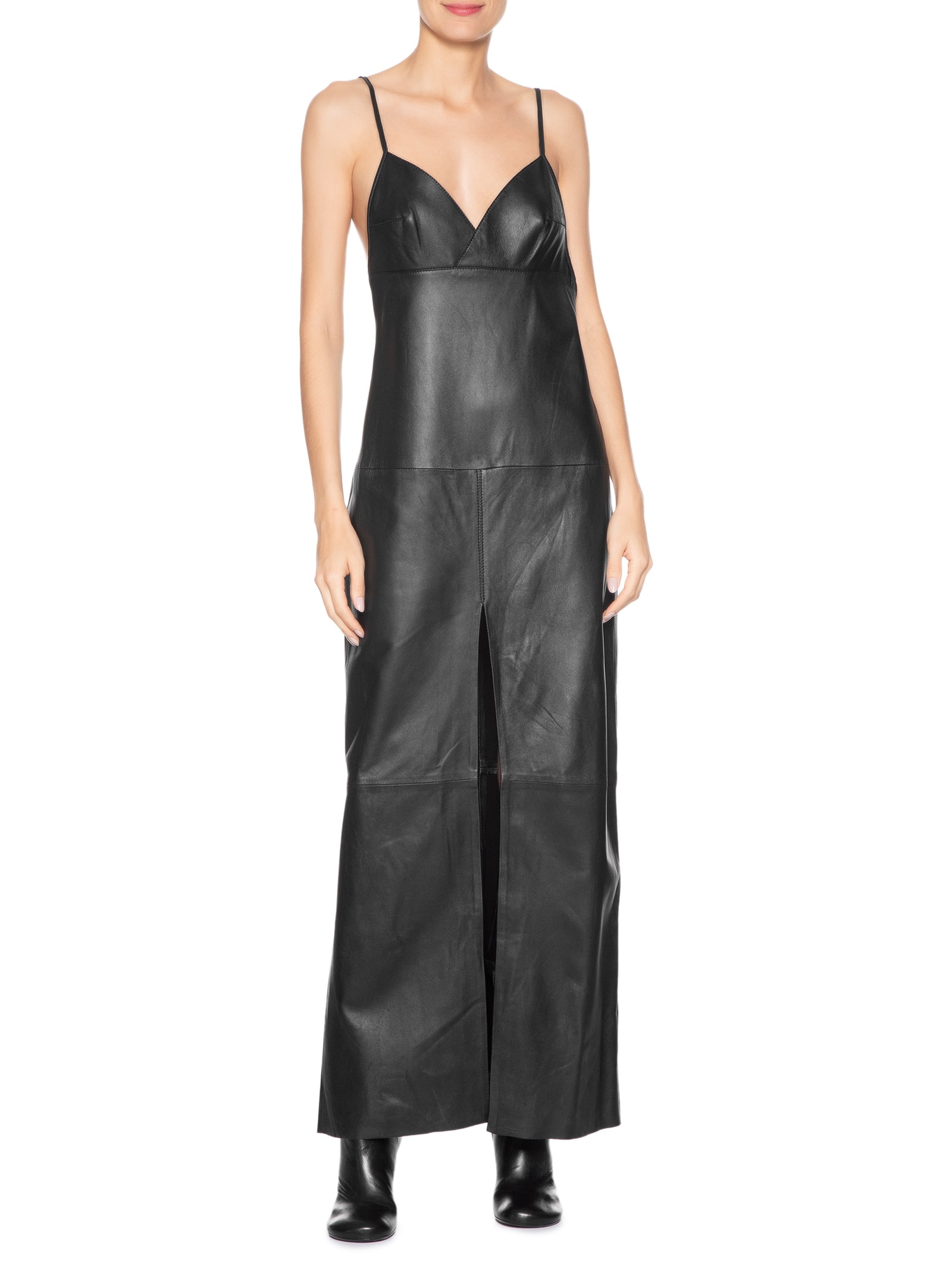 Vestido De Couro Longo Busto Pespontos Preto Animale