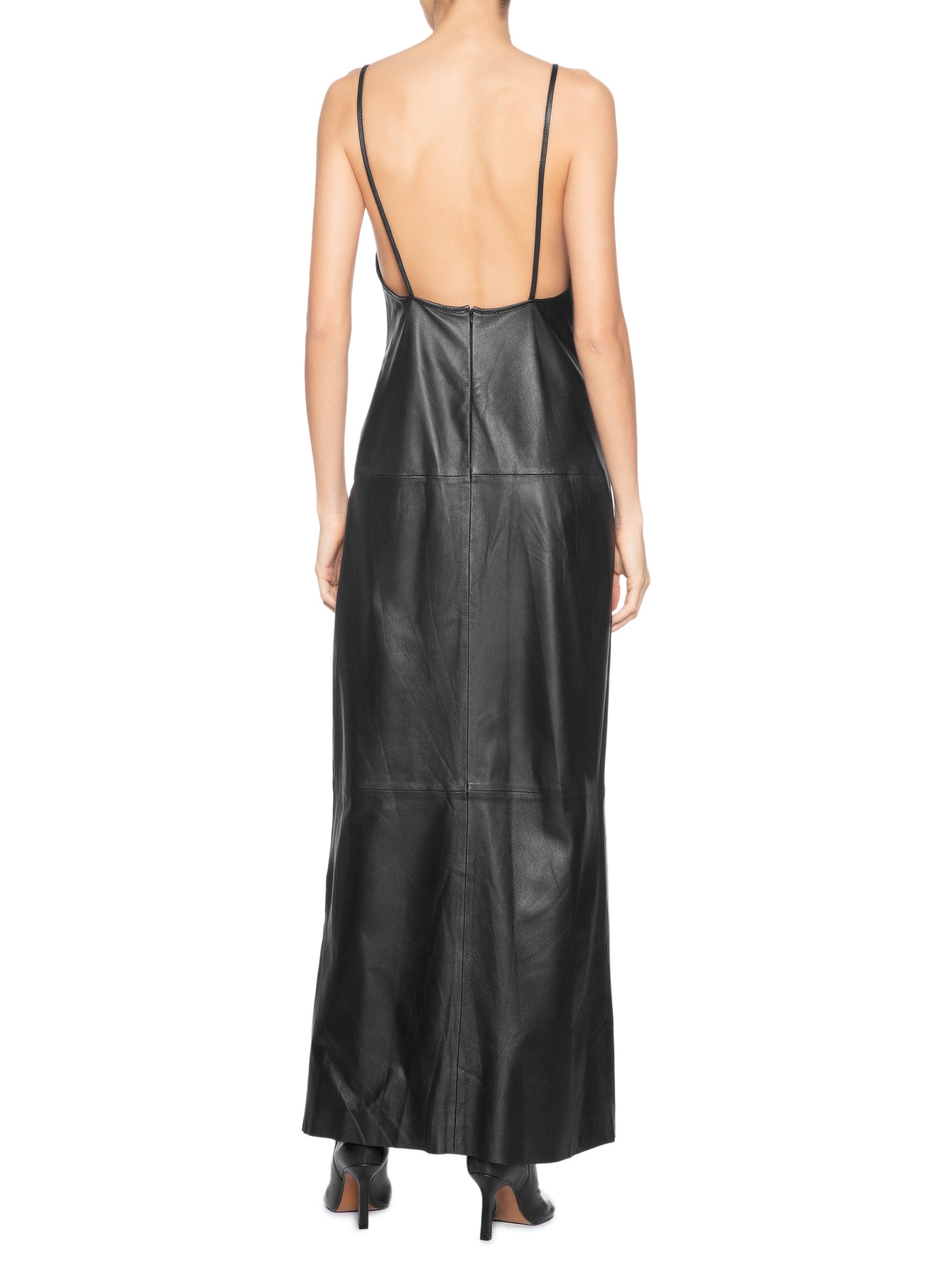 Vestido De Couro Longo Busto Pespontos Preto Animale