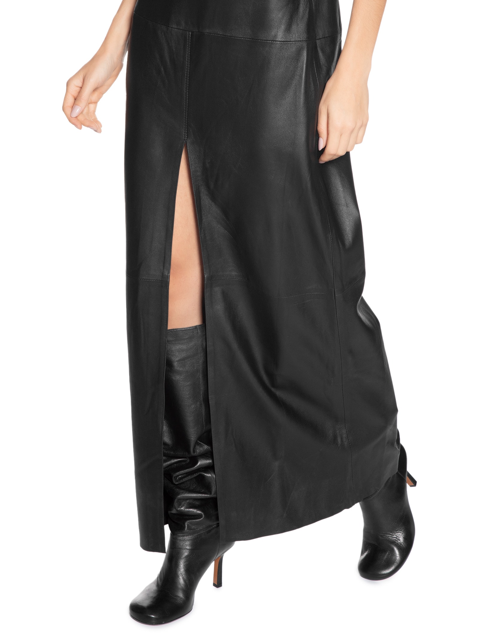 Vestido De Couro Longo Busto Pespontos Preto Animale