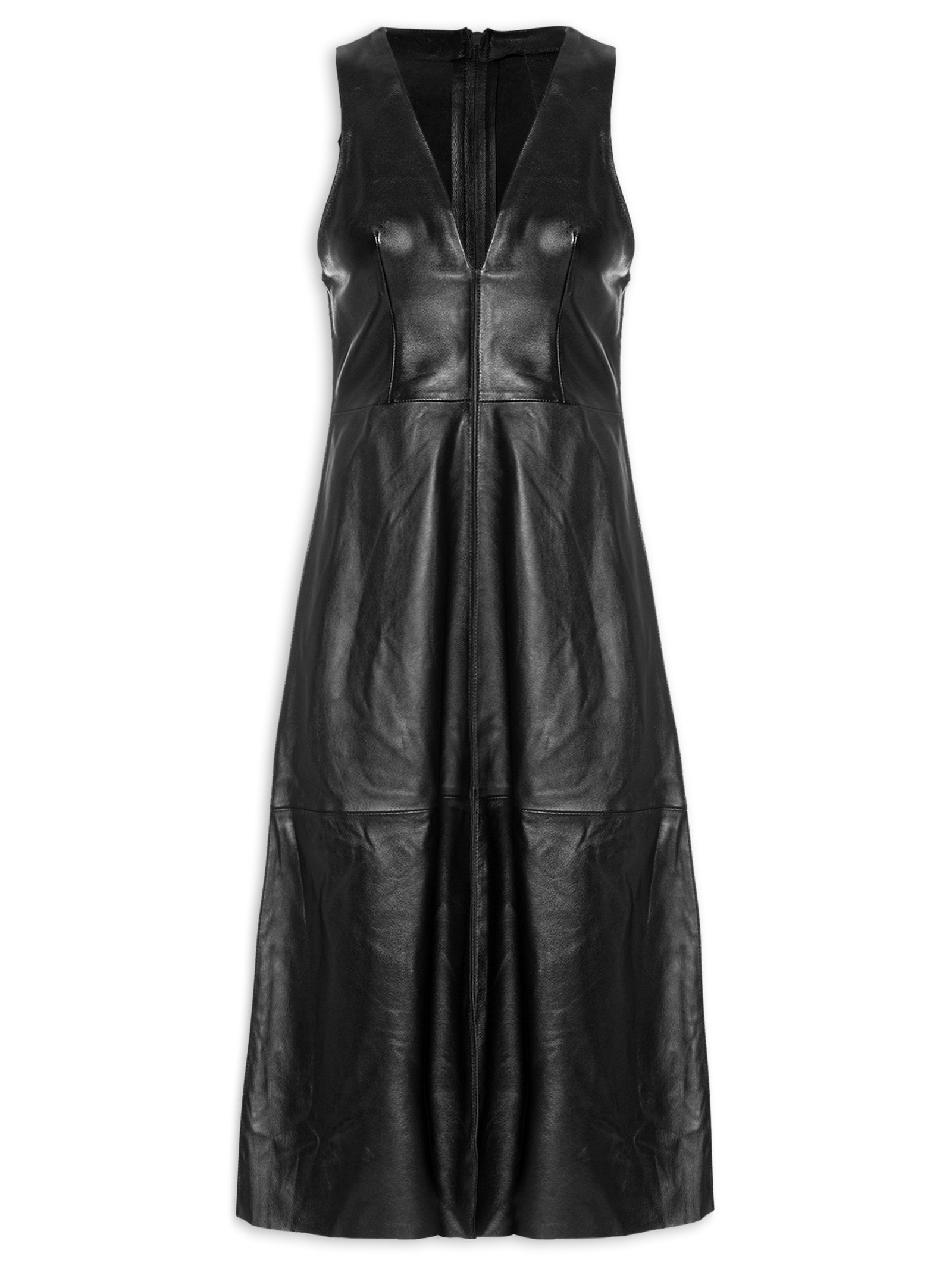 Vestido De Couro Midi Básico Clássico Preto Animale