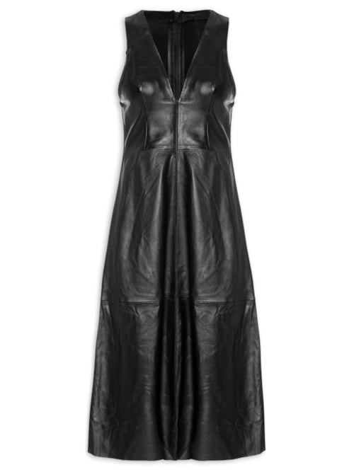 Vestido De Couro Midi Básico Clássico - Preto