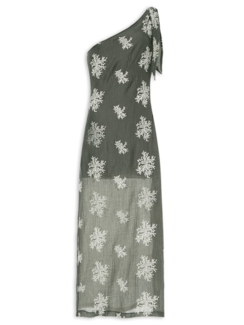 Vestido De Gaze Bordada Com Ombro Único – Cinza