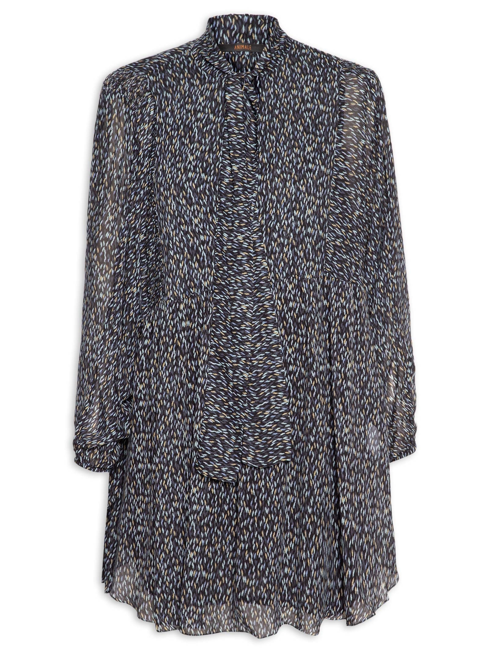 Vestido De Georgette Curto Manga Longa Estampado Azul Animale