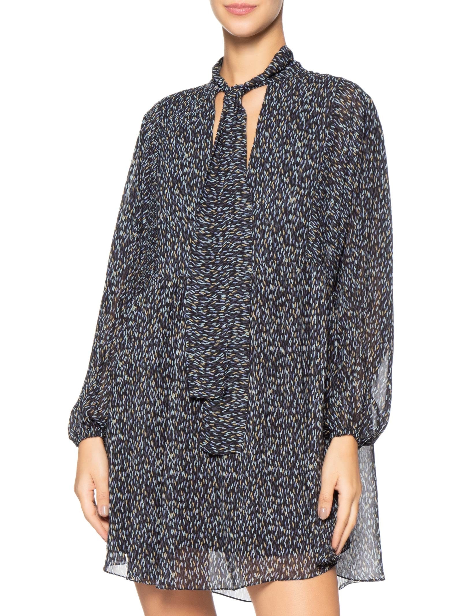 Vestido De Georgette Curto Manga Longa Estampado Azul Animale