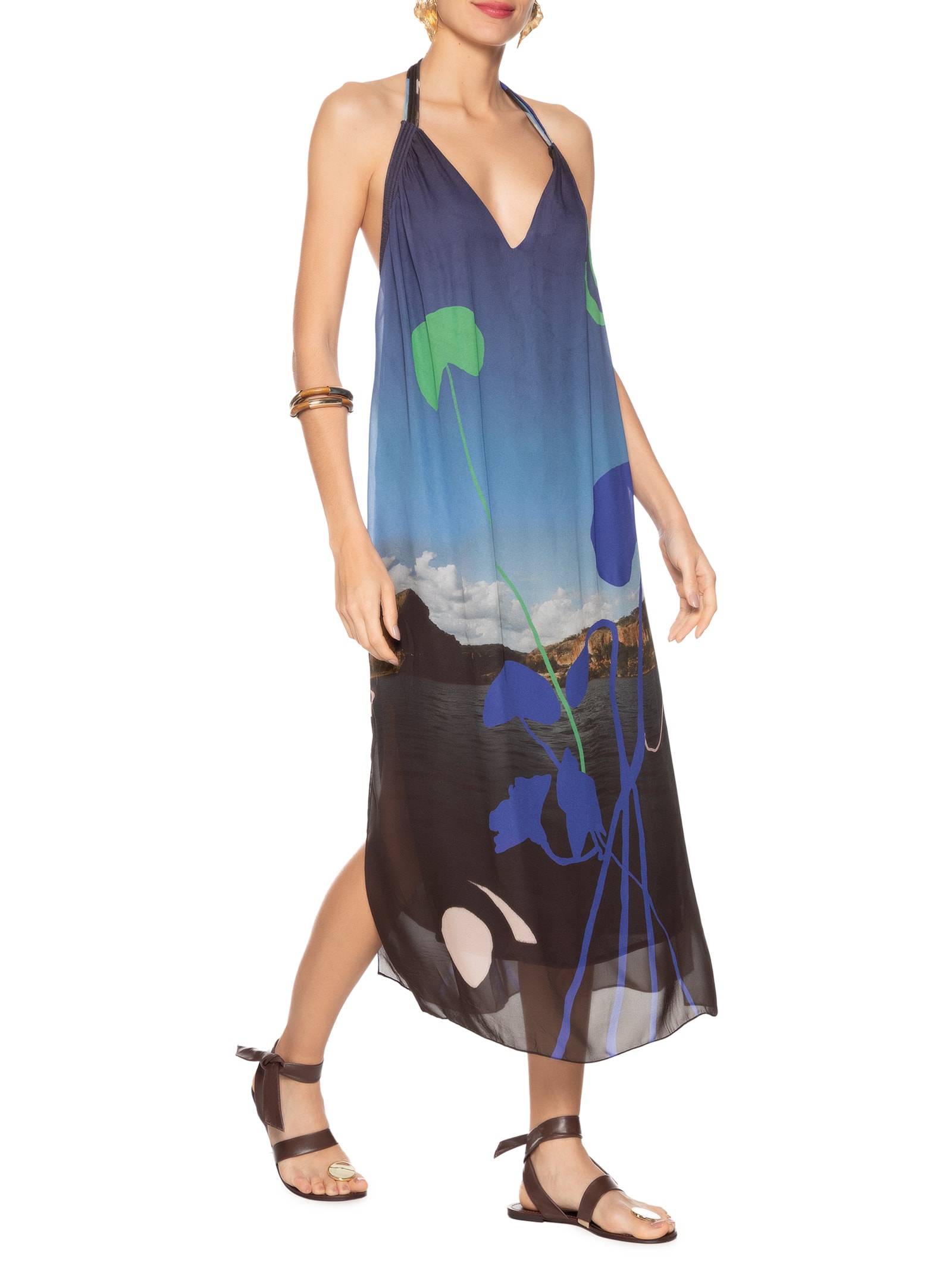 Vestido De Georgette Leve Longo Frente Única Estampado  Azul Animale