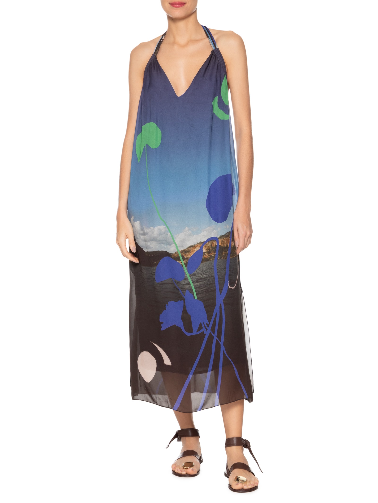 Vestido De Georgette Leve Longo Frente Única Estampado  Azul Animale