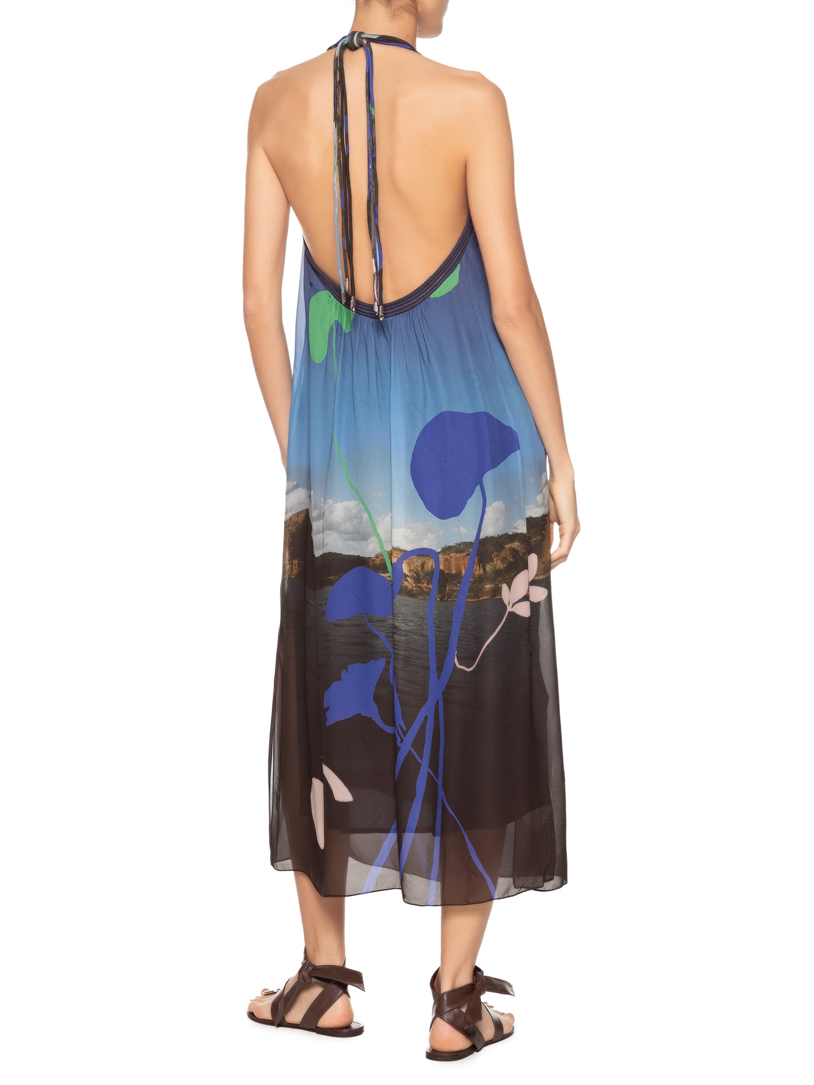 Vestido De Georgette Leve Longo Frente Única Estampado  Azul Animale