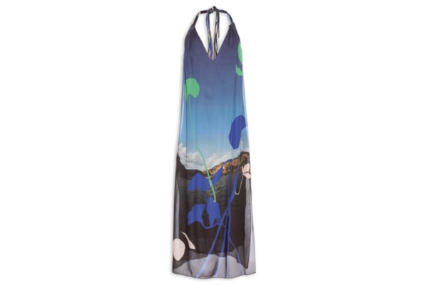Vestido De Georgette Leve Longo Frente Única Estampado  - Azul