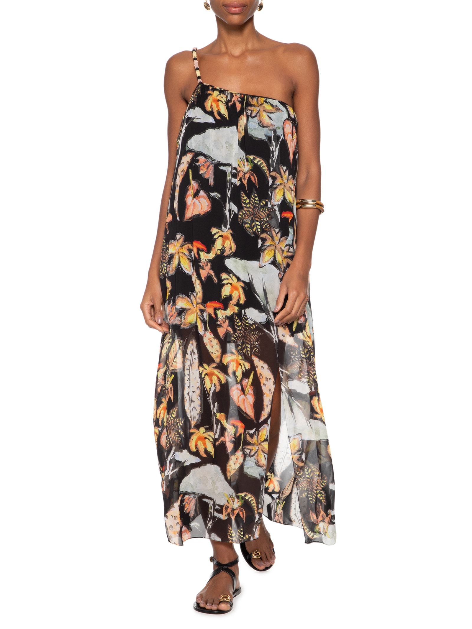 Vestido De Georgette Leve Midi Um Ombro So Alça Bordada Preto Animale