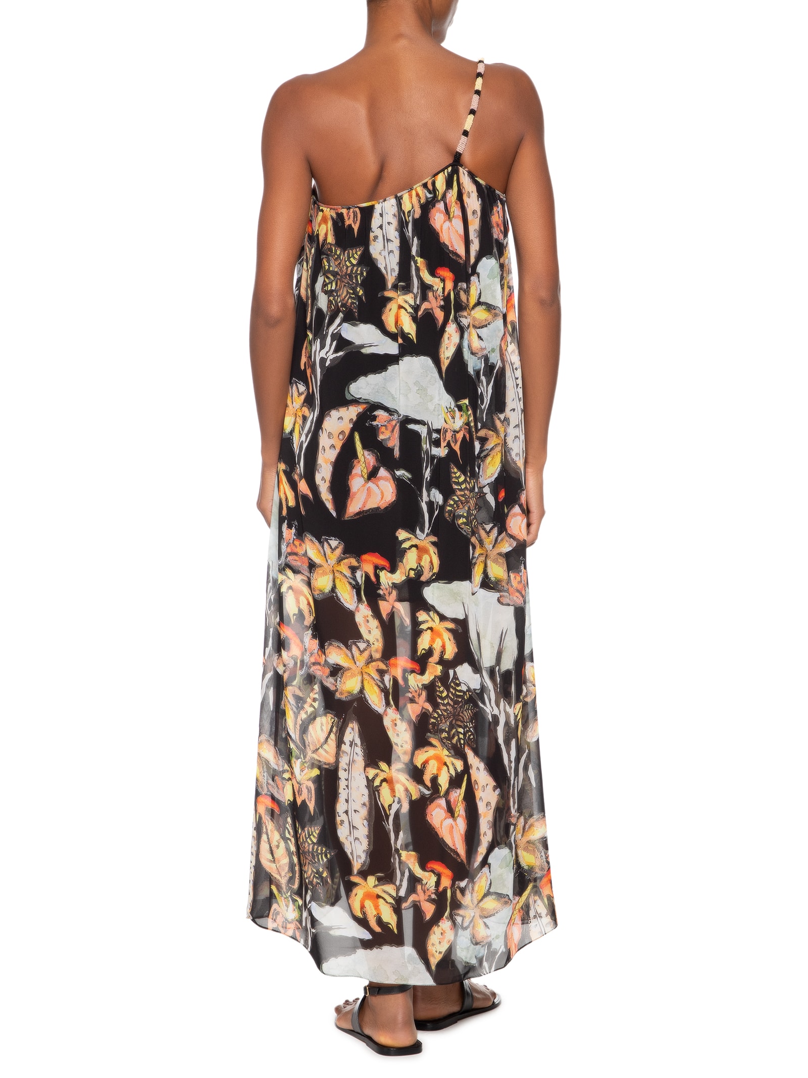 Vestido De Georgette Leve Midi Um Ombro So Alça Bordada Preto Animale