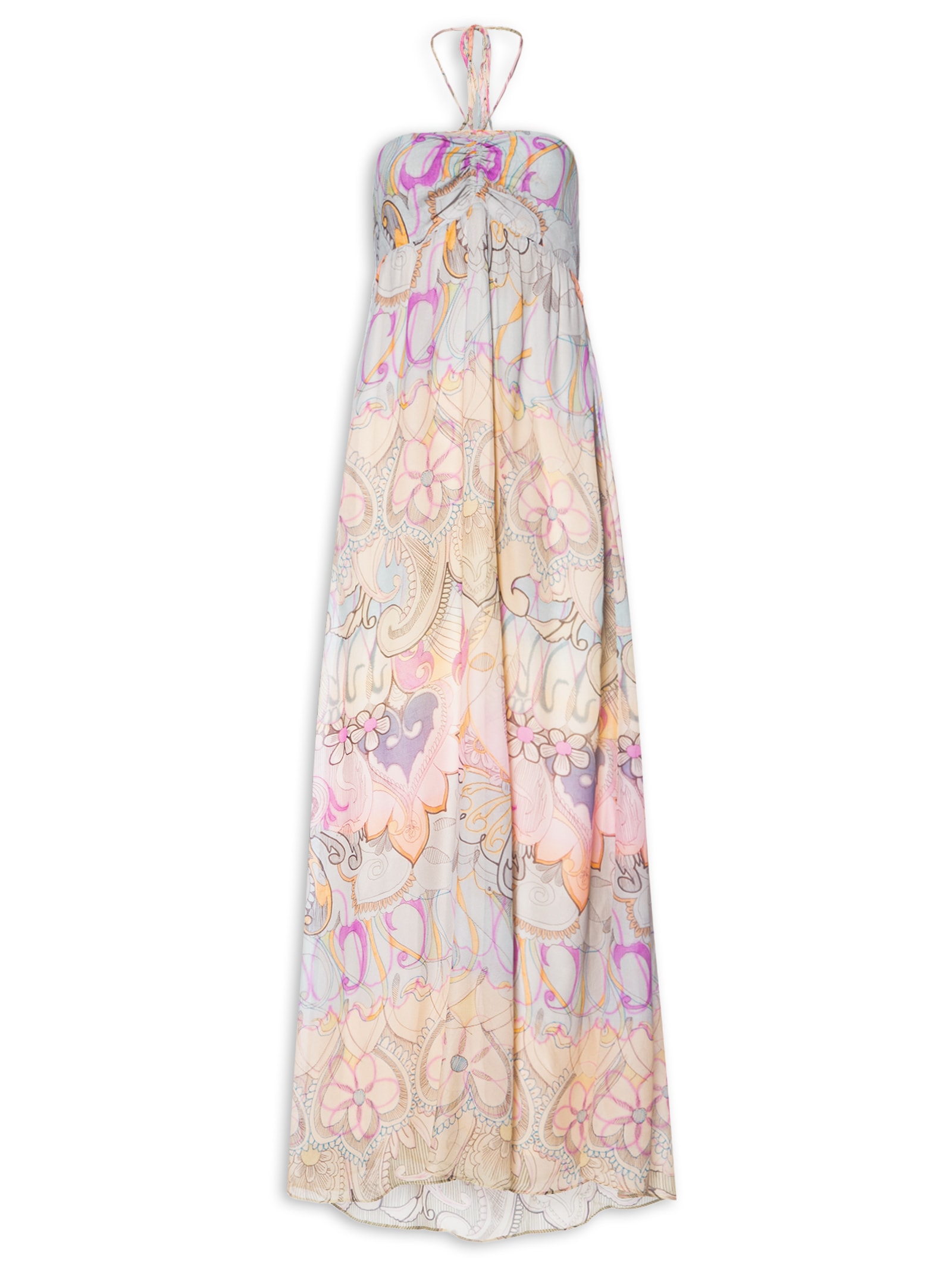 Vestido De Georgette Longo Estampada Busto Franzido Rosa Animale