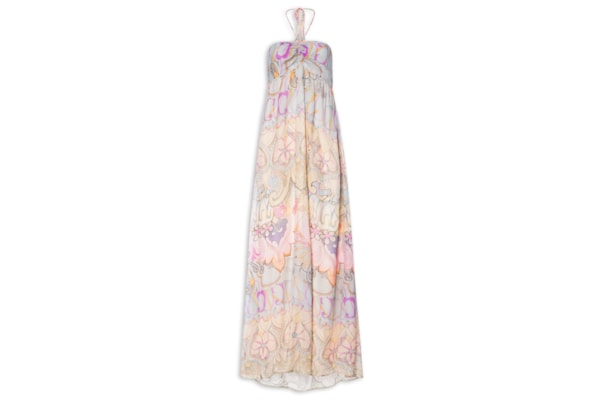Vestido De Georgette Longo Estampada Busto Franzido - Rosa