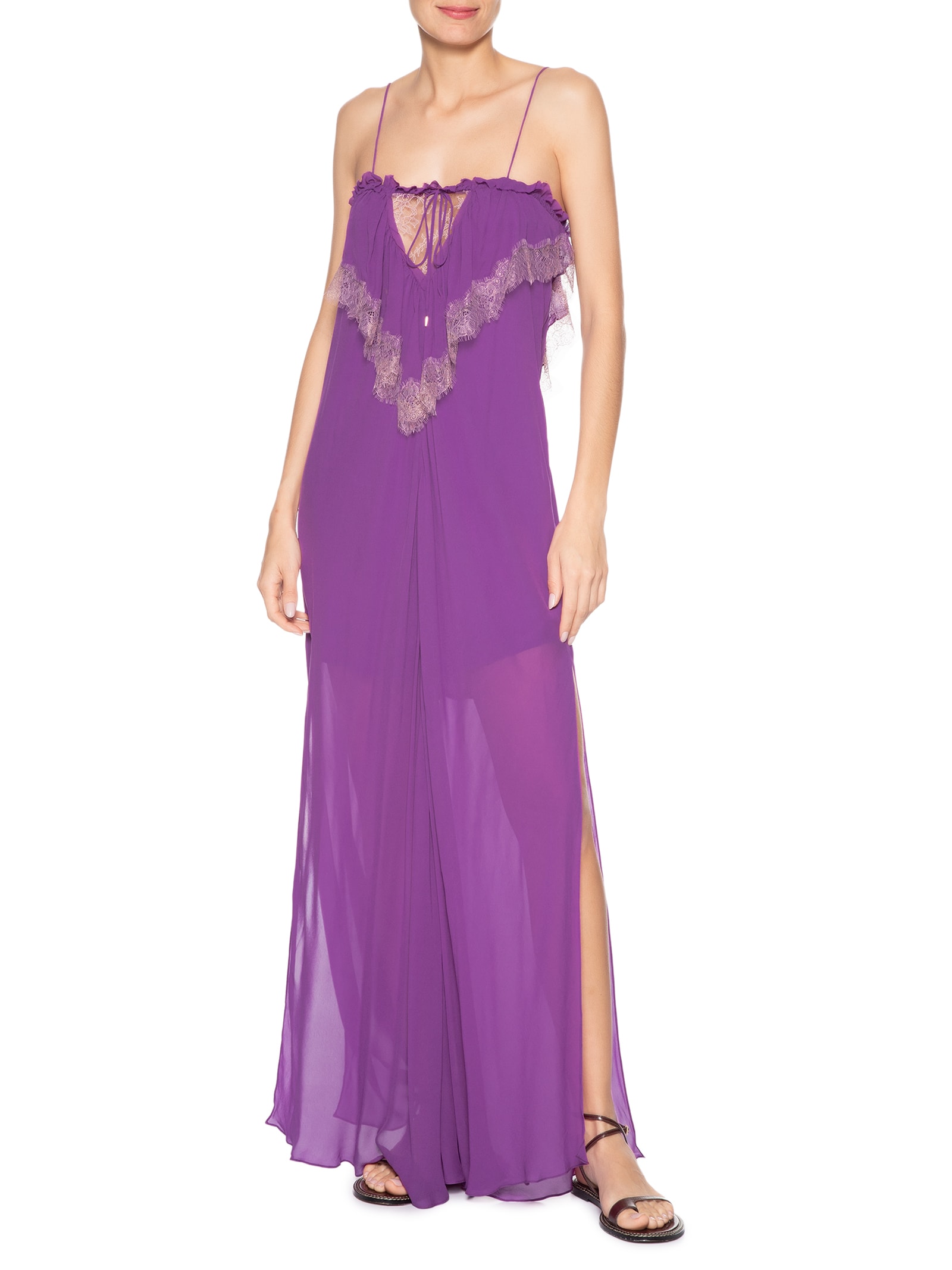 Vestido De Georgette Longo Jabour Roxo Renda Aplicada Roxo Animale