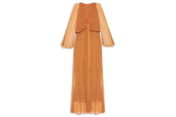 Vestido De Georgette Longo Kimono Decote Profundo - Laranja