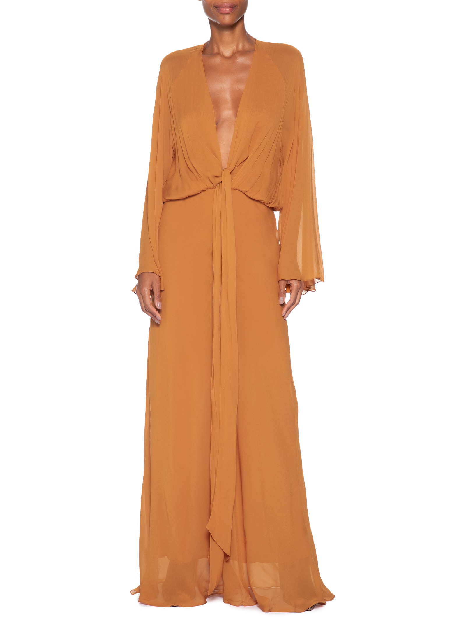 Vestido De Georgette Longo Kimono Decote Profundo Laranja Animale