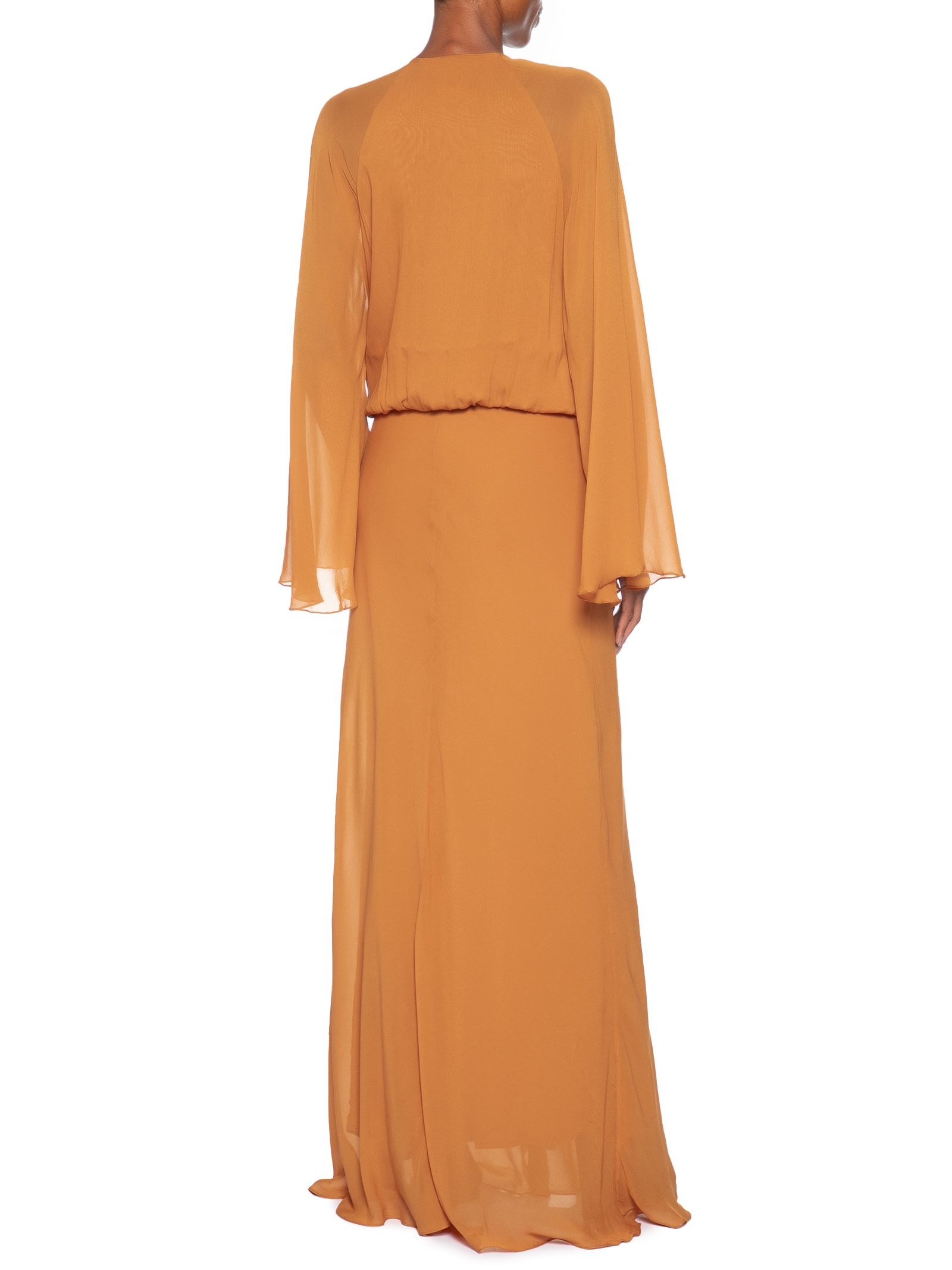 Vestido De Georgette Longo Kimono Decote Profundo Laranja Animale