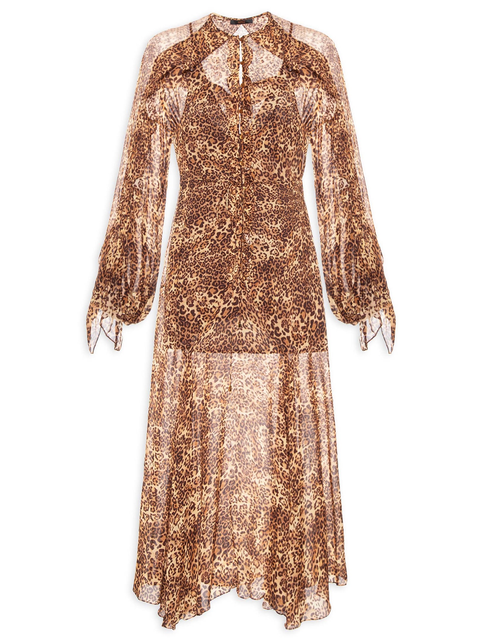 Vestido De Georgette Longo Manga Longo Estampado Nesgas- Animal Print Animale