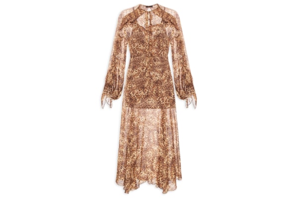 Vestido De Georgette Longo Manga Longo Estampado Nesgas- Animal Print