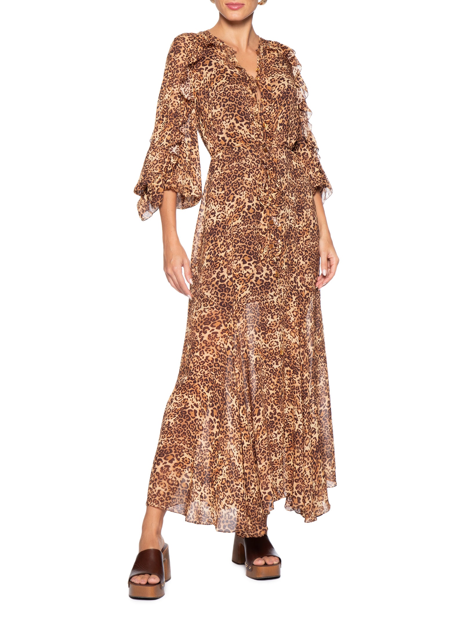 Vestido De Georgette Longo Manga Longo Estampado Nesgas- Animal Print Animale