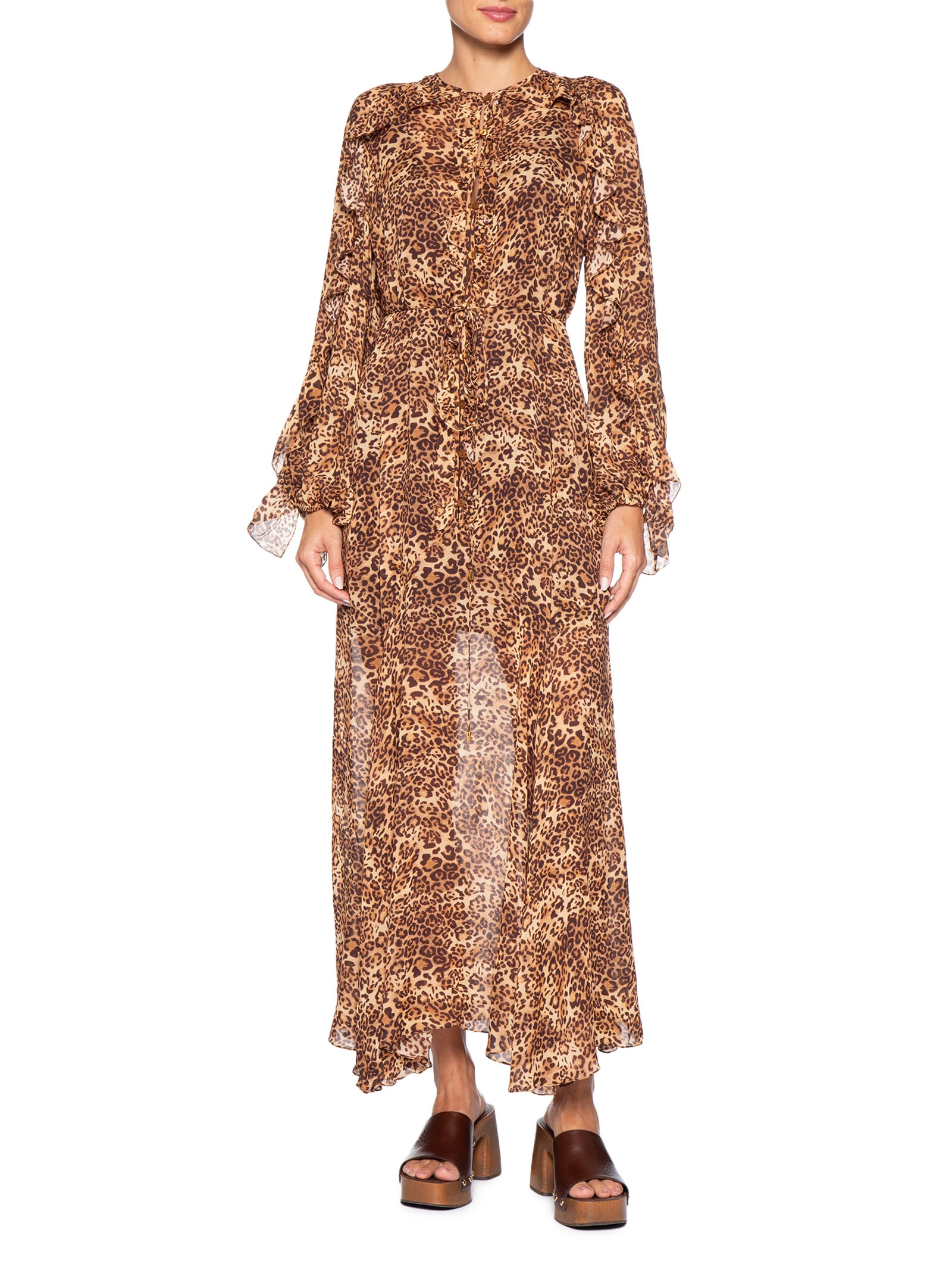 Vestido De Georgette Longo Manga Longo Estampado Nesgas- Animal Print Animale