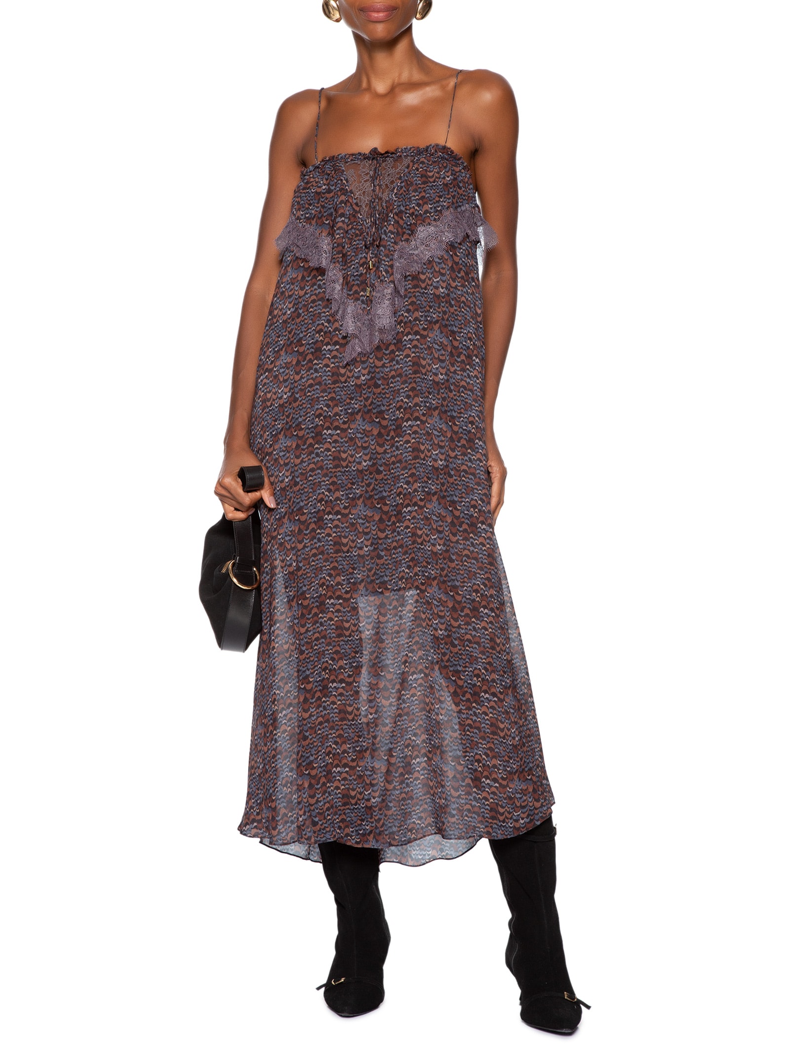 Vestido De Georgette Midi De Alça Estampado Detalhes De Renda- Roxo Animale