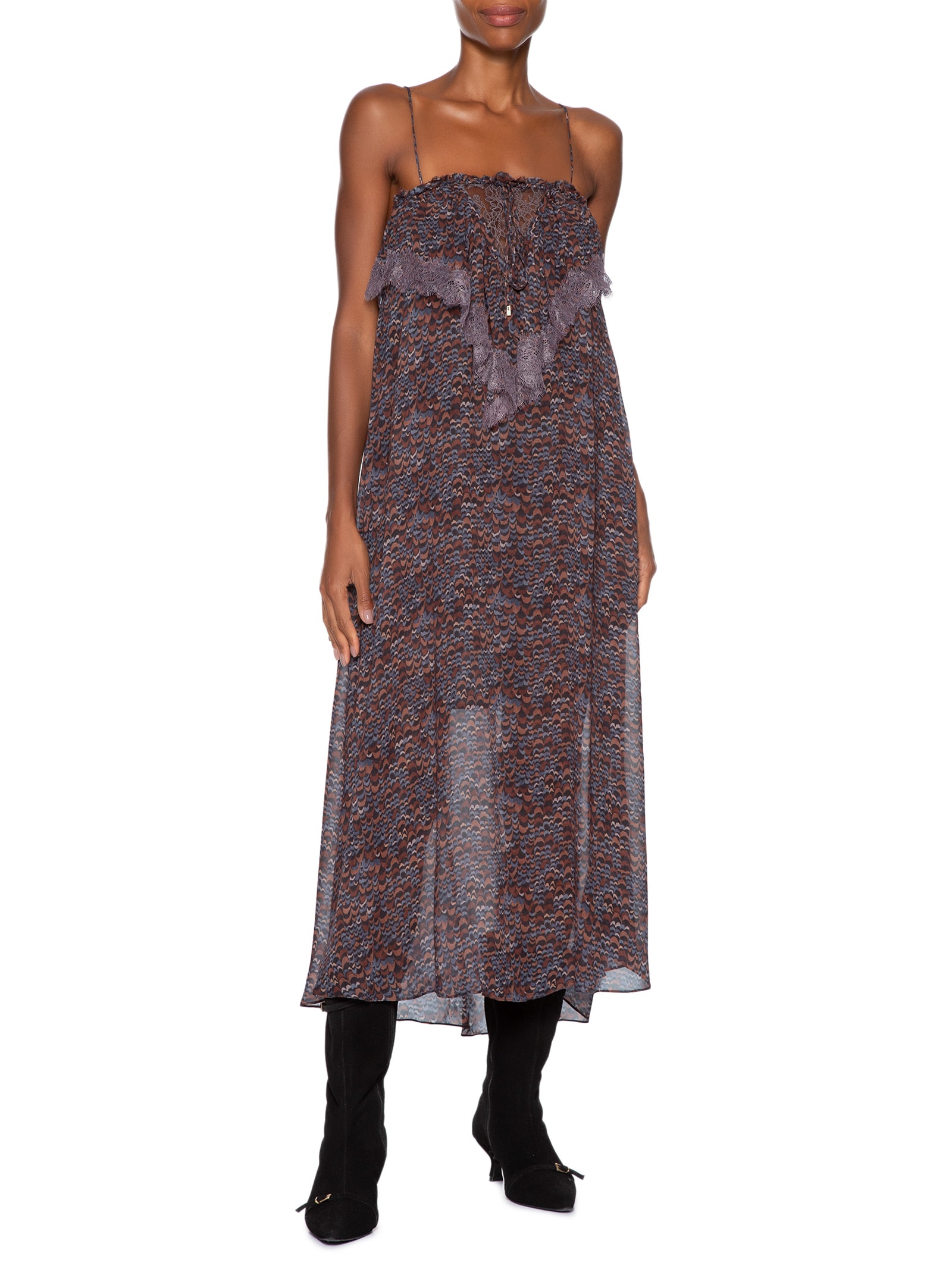 Vestido De Georgette Midi De Alça Estampado Detalhes De Renda- Roxo Animale