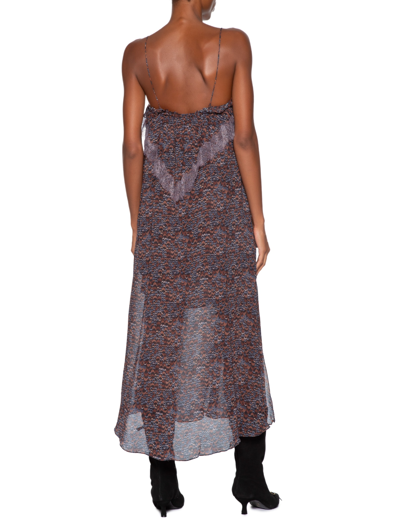 Vestido De Georgette Midi De Alça Estampado Detalhes De Renda- Roxo Animale