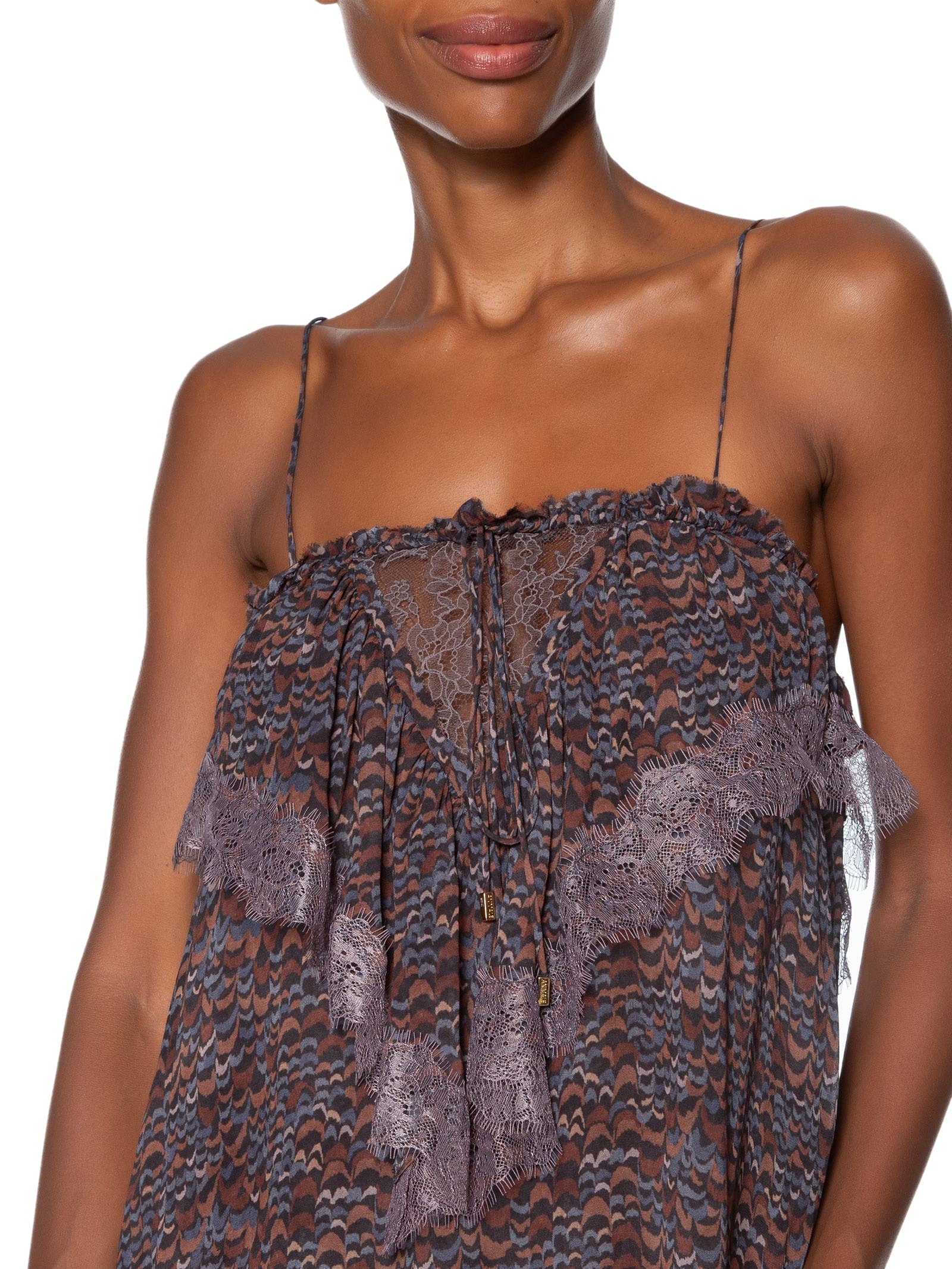 Vestido De Georgette Midi De Alça Estampado Detalhes De Renda- Roxo Animale