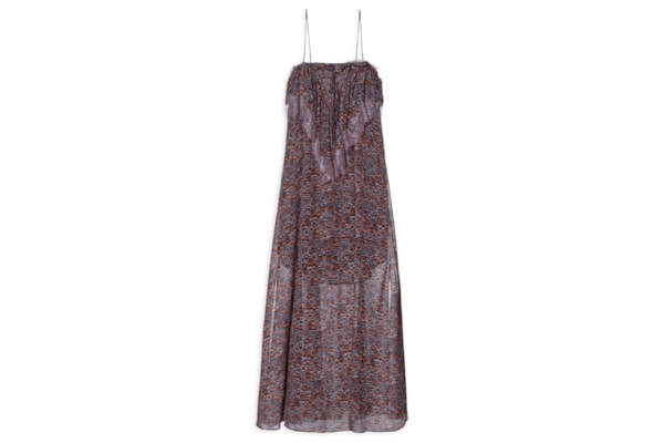 Vestido De Georgette Midi De Alça Estampado Detalhes De Renda- Roxo