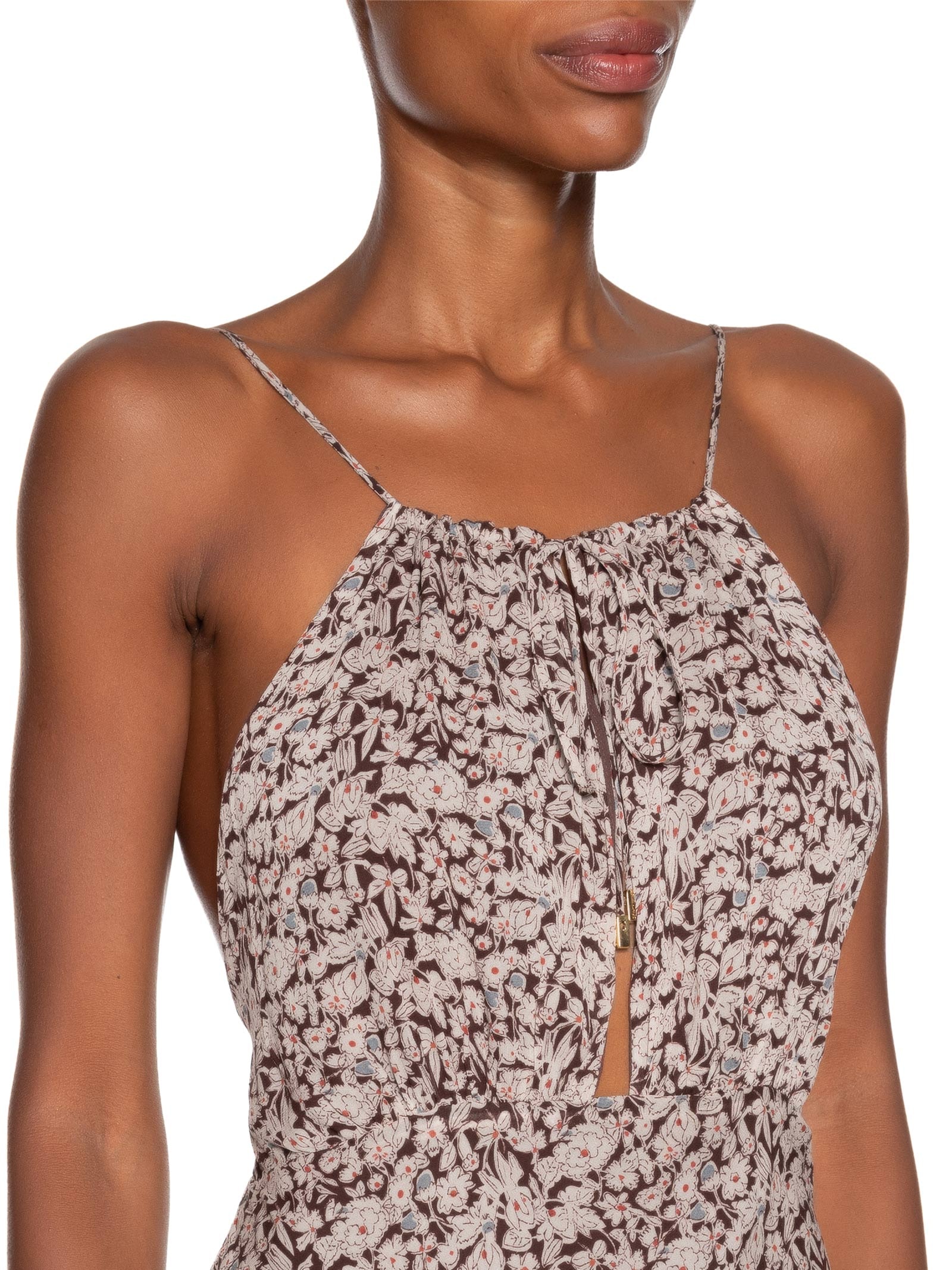 Vestido De Georgette Midi Decote Amarração Estampado Marrom Animale