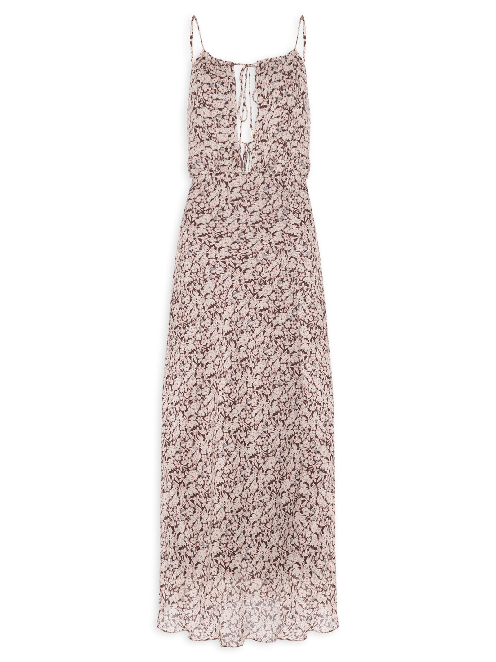 Vestido De Georgette Midi Decote Amarração Estampado Marrom Animale