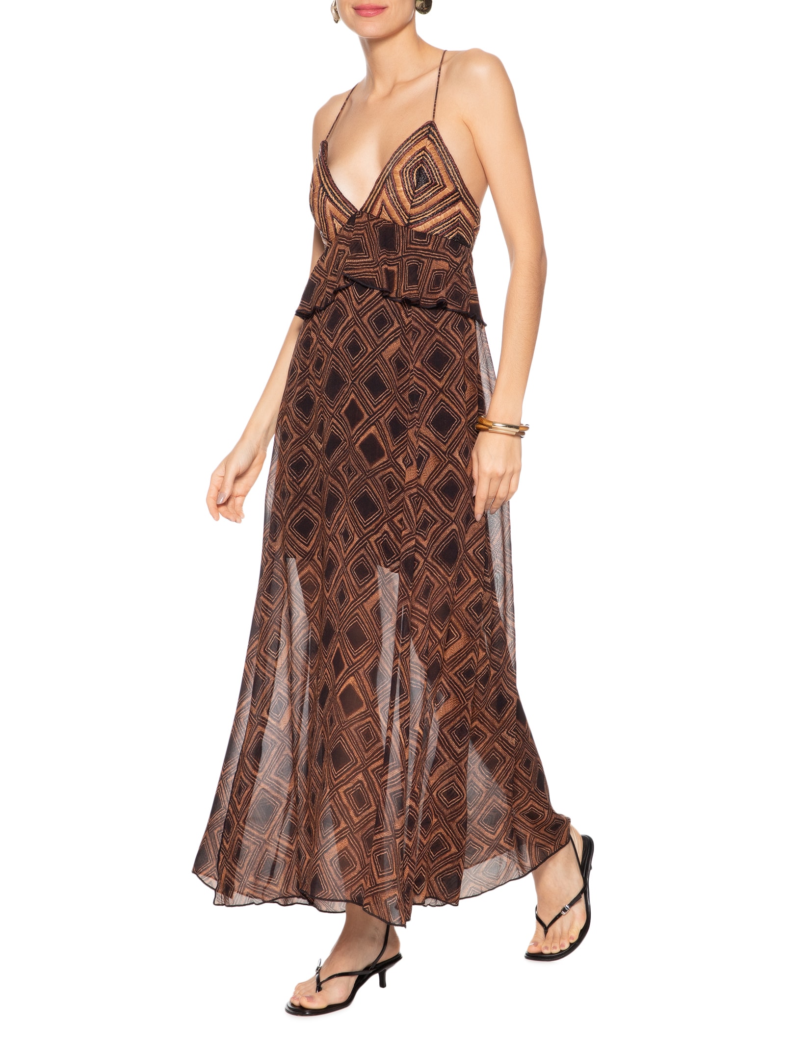 Vestido De Georgette Midi Estampa Textura Taipas Com Pala De Ráfia Marrom Animale